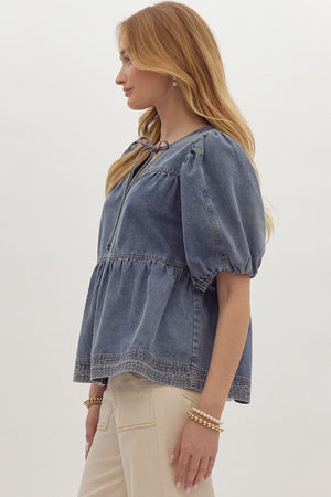 Denim V-Neck Bubble Sleeve Tiered Top