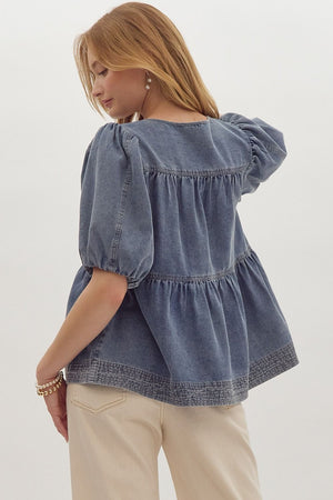 Denim V-Neck Bubble Sleeve Tiered Top