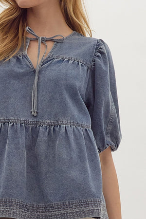 Denim V-Neck Bubble Sleeve Tiered Top