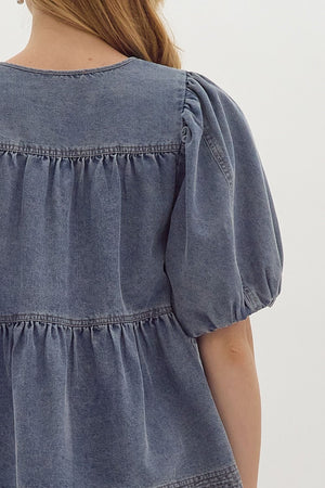 Denim V-Neck Bubble Sleeve Tiered Top