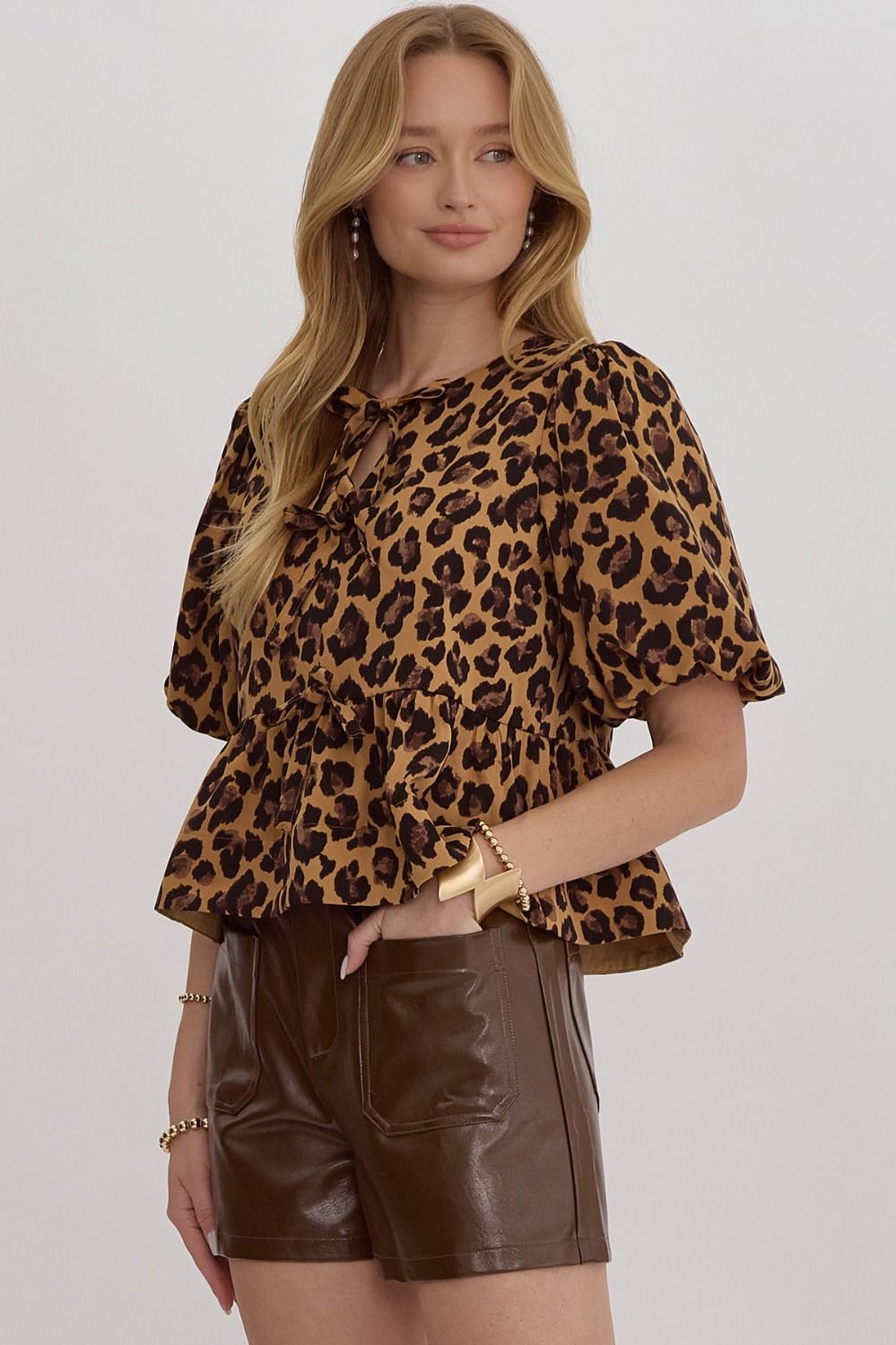 Leopard Print Bubble Sleeve Peplum Top