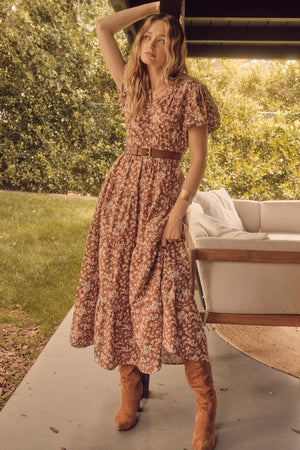 Floral Print V-Neck Bubble Sleeve Maxi Dress