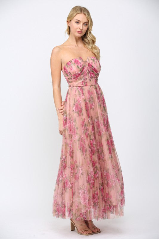 FATE BY LFD Women's Dresses Floral Print Mesh Pleated Maxi Dress