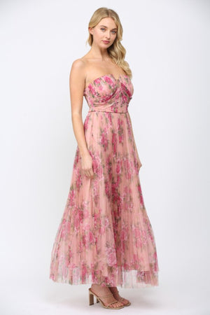 FATE BY LFD Women's Dresses Floral Print Mesh Pleated Maxi Dress