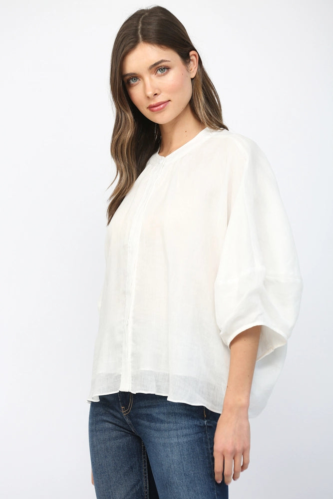 FATE BY LFD Women's Top Round Neckline Voluminous 3/4 Sleeve Linen Blouse