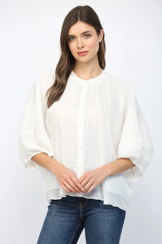 FATE BY LFD Women's Top Round Neckline Voluminous 3/4 Sleeve Linen Blouse
