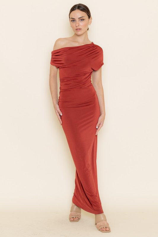 FORE COLLECTION Women's Dresses Asymmetrical Off Shoulder Gathered Maxi Dress