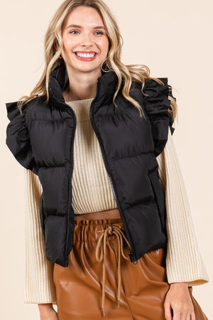 GEEGEE Women's Outerwear BLACK / S Ruffled Sleeve Puffer Vest || David's Clothing MJ4501