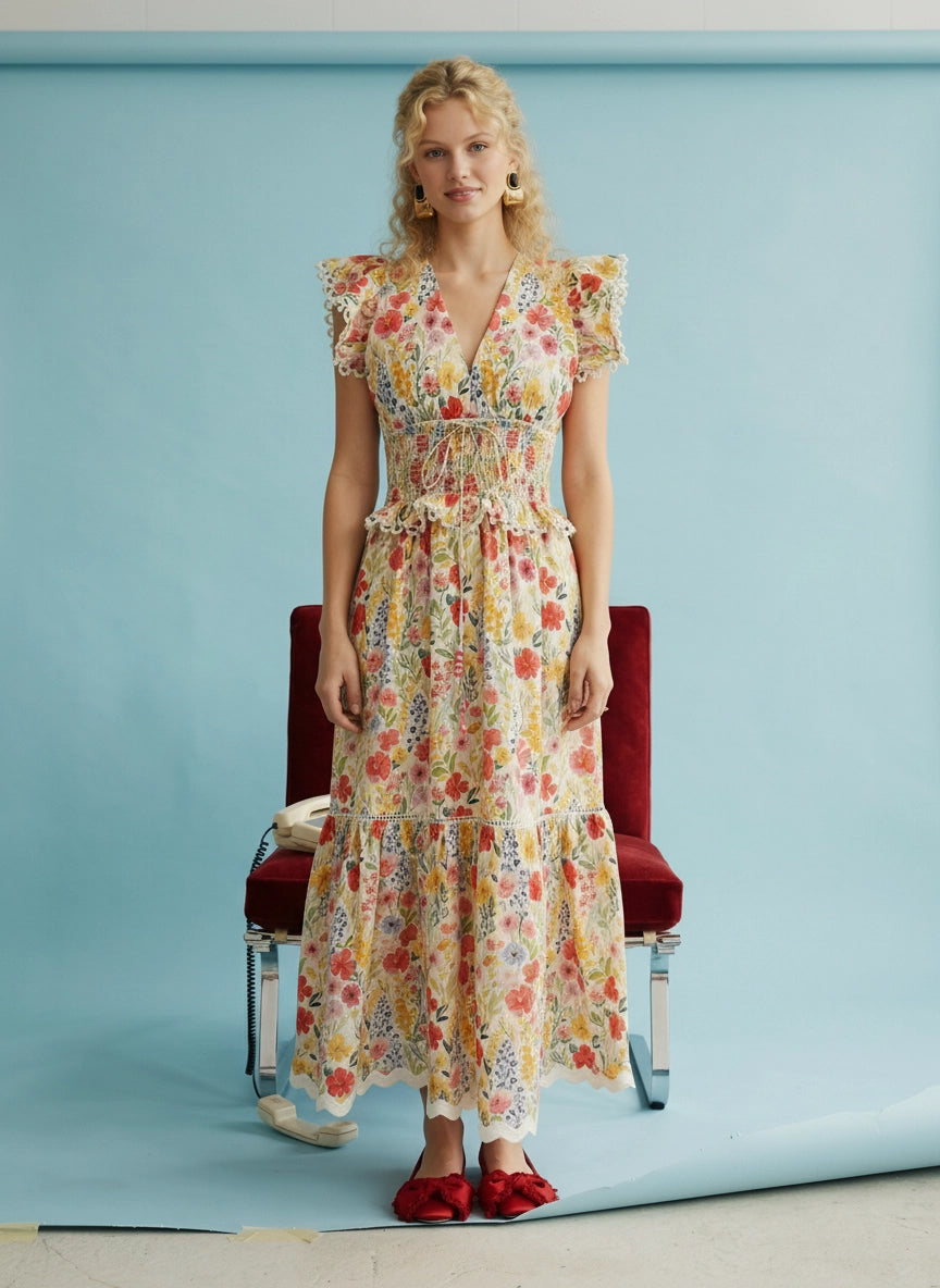 HEYSON Women's Dresses Floral Smocked Waist Ruffle Midi Dress