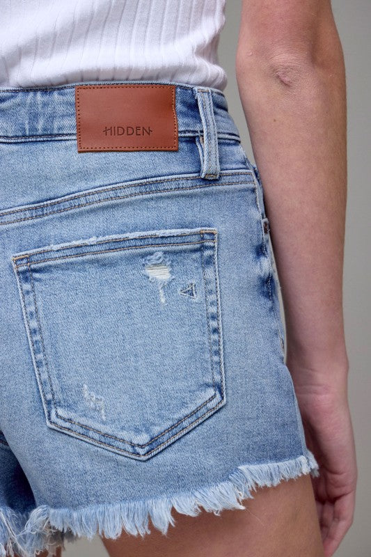 HIDDEN JEANS Women's Shorts Medium Wash Frayed Stretch 3in Inseam Shorts