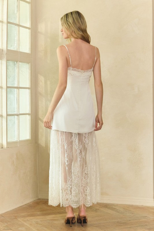 HONEY MANGO Women's Dresses Lace Trim Satin Maxi Slip Dress