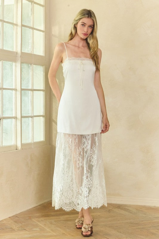 HONEY MANGO Women's Dresses Lace Trim Satin Maxi Slip Dress