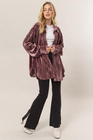 HYFVE INC. Women's Jackets Oversized Velvet Button-up Shirt Jacket || David's Clothing