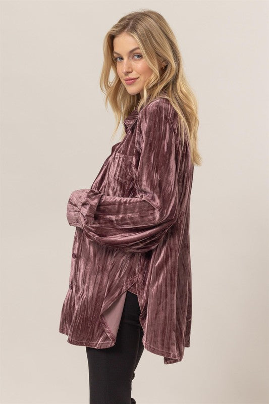 HYFVE INC. Women's Jackets Oversized Velvet Button-up Shirt Jacket || David's Clothing