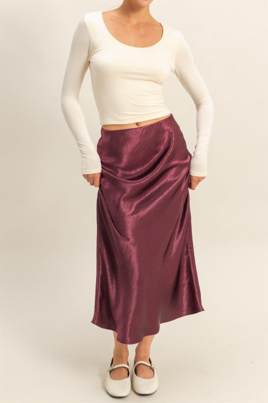 HYFVE INC. Women's Skirts DK CHERR / S High-waisted Satin A-line Midi Skirt DZ25C904