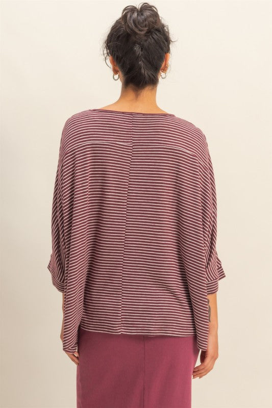 HYFVE INC. Women's Top Brushed Fabric Striped Oversized 3/4 Sleeve Top