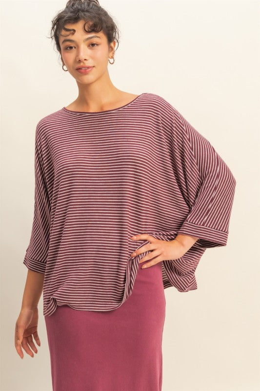 HYFVE INC. Women's Top Brushed Fabric Striped Oversized 3/4 Sleeve Top