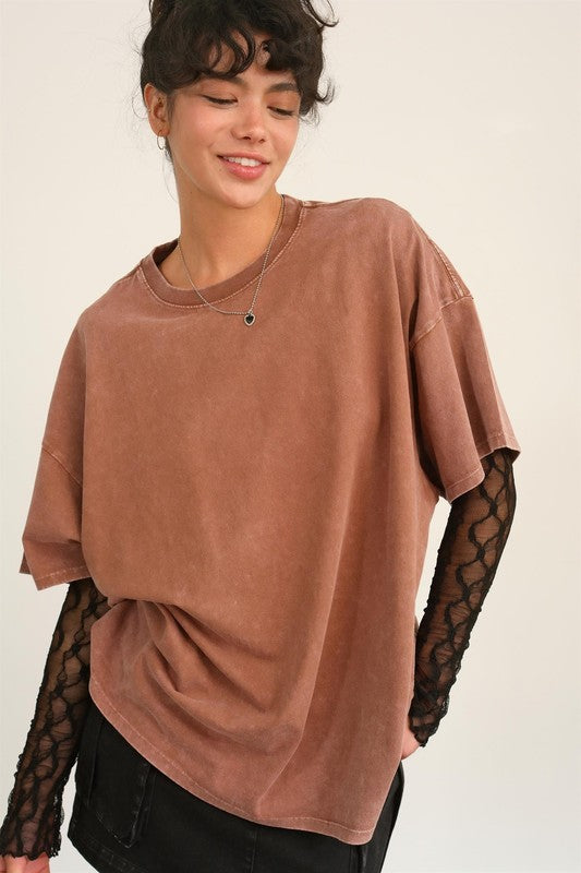 HYFVE INC. Women's Top CHESTNUT / S Oversized Distressed Cotton T-Shirt || David's Clothing DZ24E437C