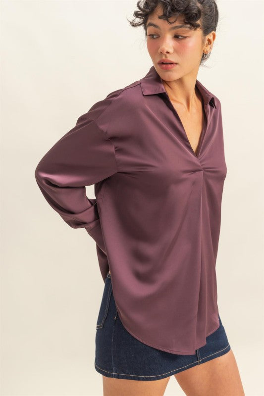 HYFVE INC. Women's Top Collared V-neck Satin Blouse