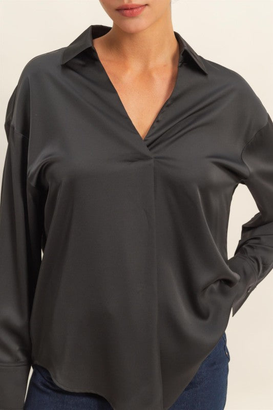 HYFVE INC. Women's Top Collared V-neck Satin Blouse