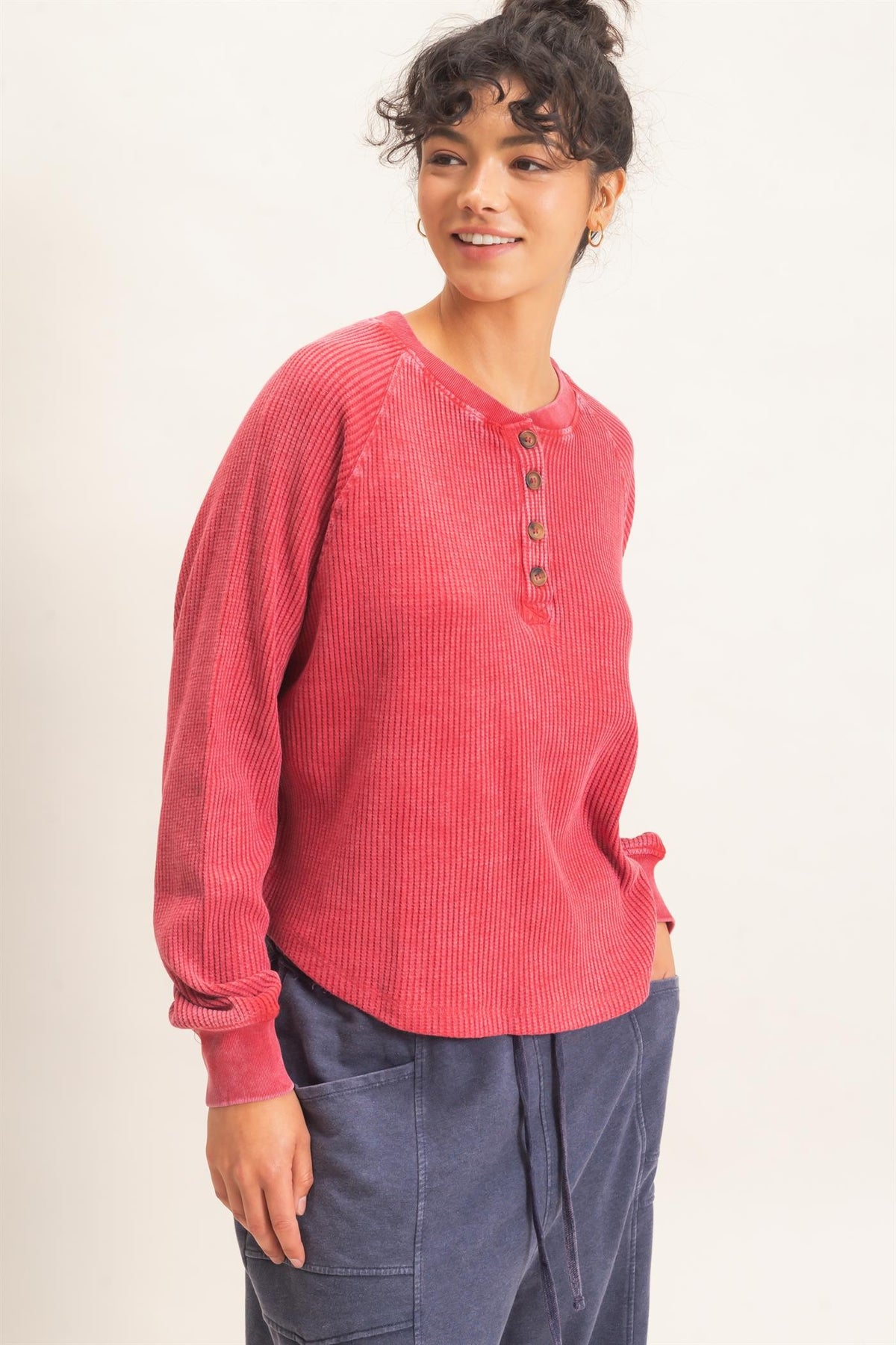 HYFVE INC. Women's Top Mineral Wash Waffle Knit Henley Top
