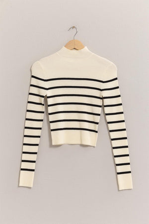 HYFVE INC. Women's Top Striped Cropped Mock Neck Sweater || David's Clothing