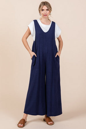 JODIFL 24-Women's Pants NAVY / S Solid Linen Sleeveless Jumpsuit || David's Clothing G11593