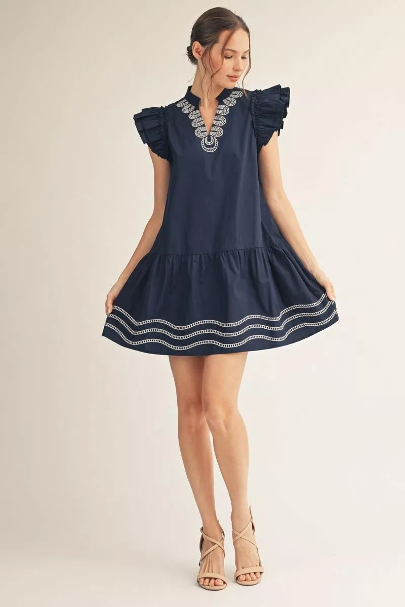 JODIFL Women's Dresses Embroidery Neckline Layered Ruffle Cap Sleeves Dress