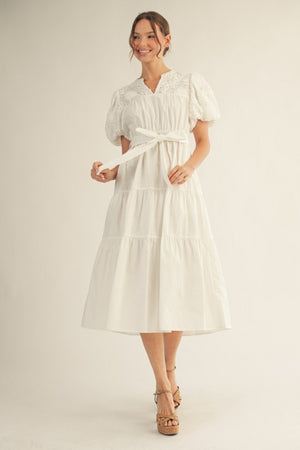 JODIFL Women's Dresses Eyelet Lace Contrast Solid Midi Dress