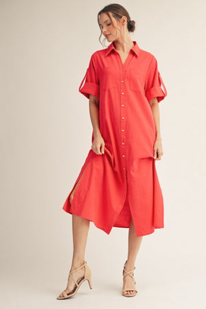 JODIFL Women's Dresses RED / S Side Slit Detail Button Down Woven Midi Dress G15651