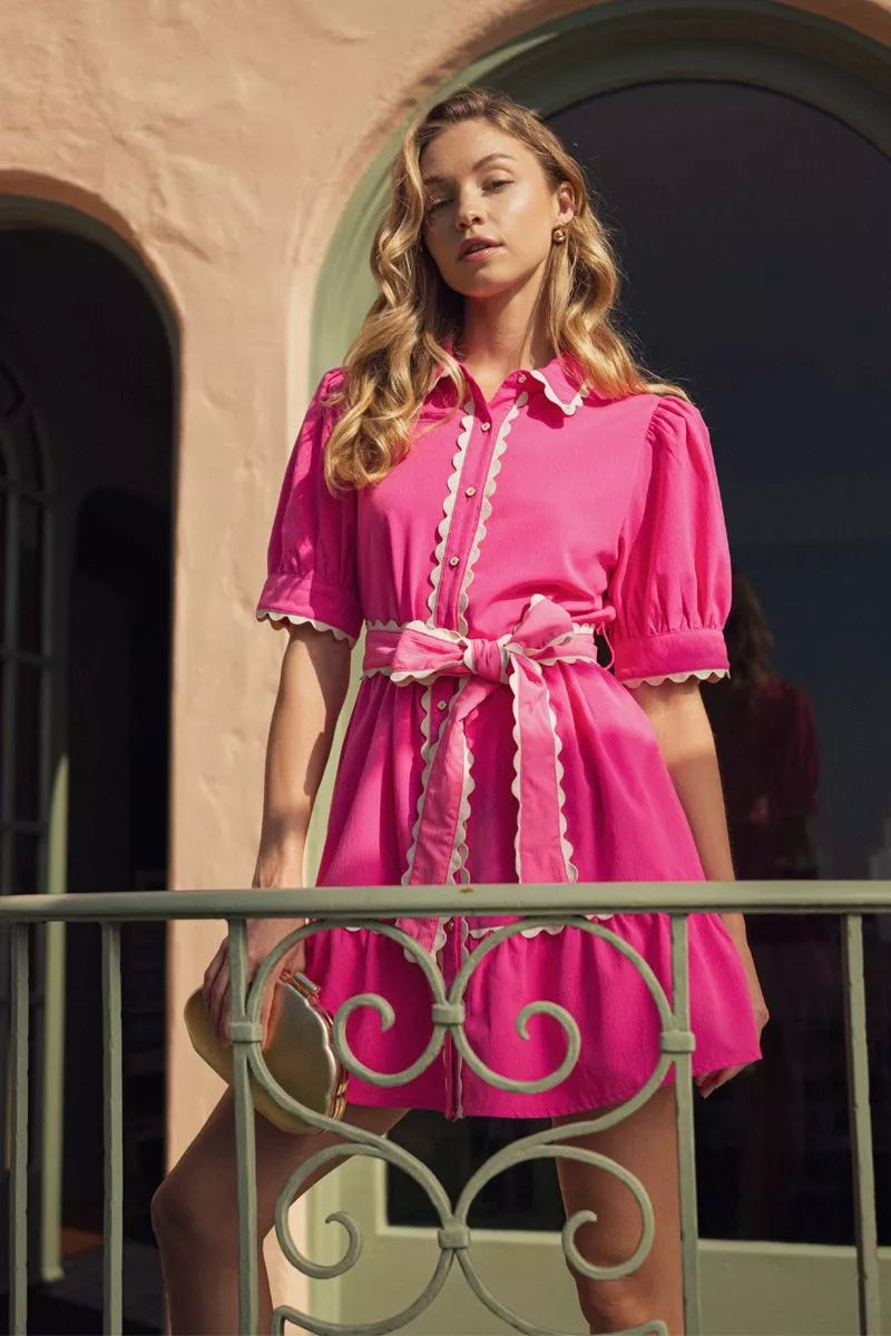 JODIFL Women's Dresses Ric Rac Babydoll Dress with Waist Tie