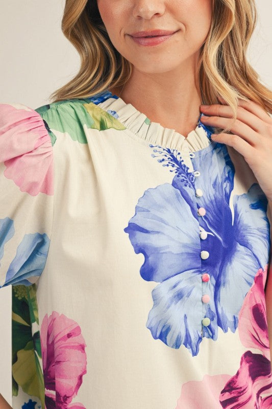 JODIFL Women's Dresses Ruffled Neckline Big Floral Print Midi Dress