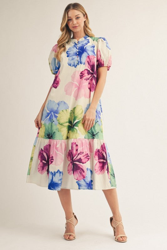 JODIFL Women's Dresses Ruffled Neckline Big Floral Print Midi Dress