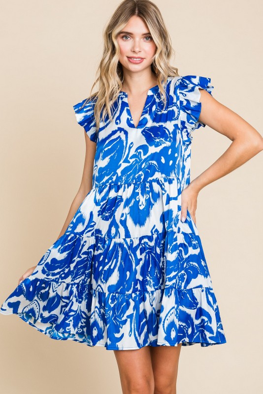 JODIFL Women's Dresses Satin Print Tiered Dress with Pockets || David's Clothing