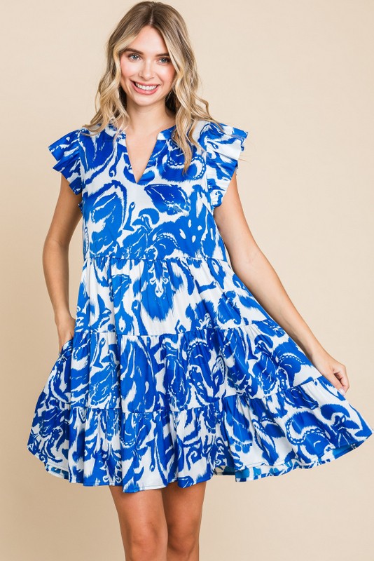 JODIFL Women's Dresses Satin Print Tiered Dress with Pockets || David's Clothing