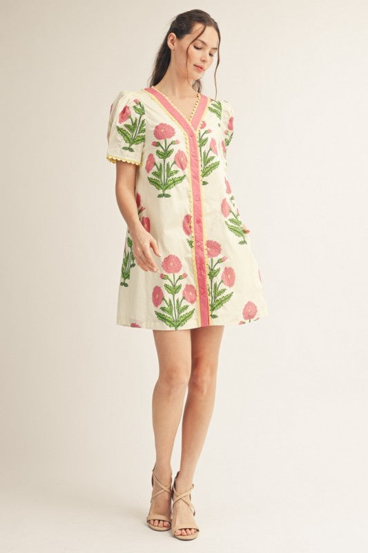 JODIFL Women's Dresses Scallop Trim Detail Button Down Floral Shift Dress