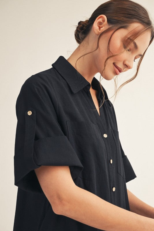 JODIFL Women's Dresses Side Slit Detail Button Down Woven Midi Dress