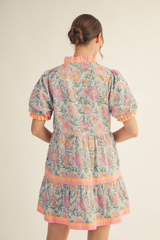 JODIFL Women's Dresses Solid Contrast Detail Tiered Floral Dress