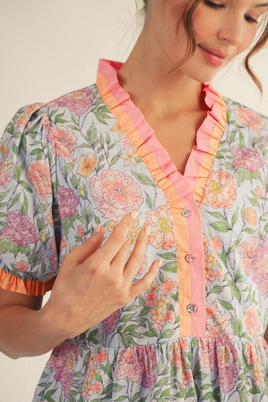 JODIFL Women's Dresses Solid Contrast Detail Tiered Floral Dress