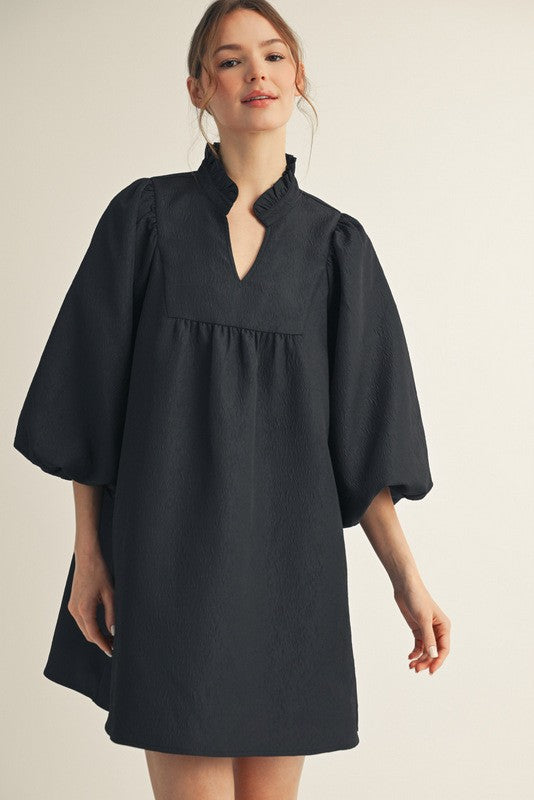 JODIFL Women's Dresses Solid Textured Balloon Sleeves Babydoll Dress