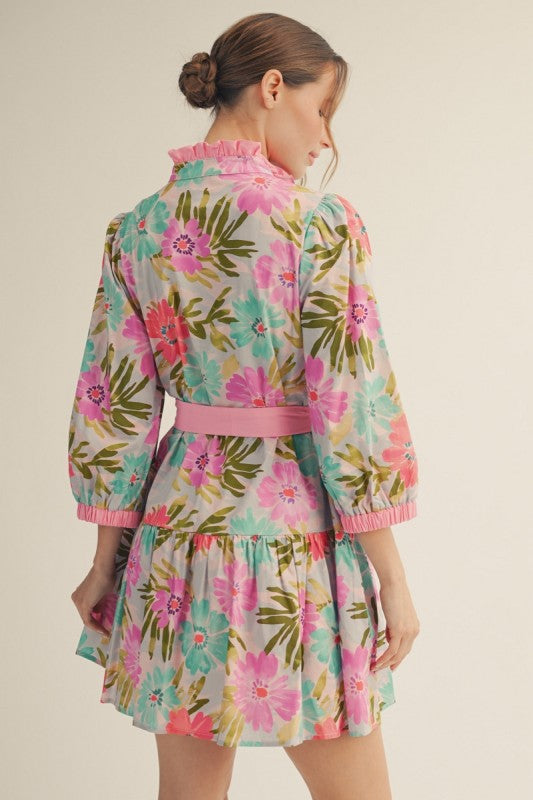 JODIFL Women's Dresses Waist Tie Floral Tiered Dress