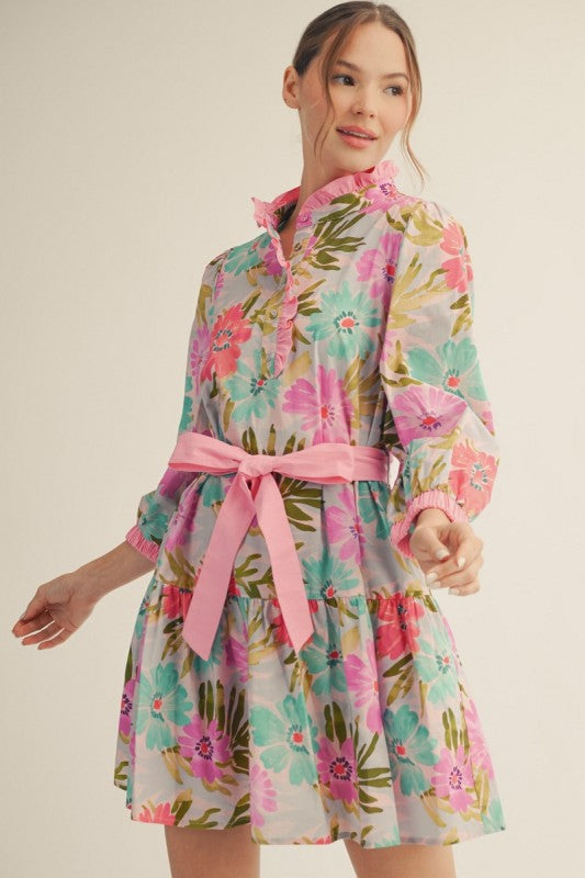 JODIFL Women's Dresses Waist Tie Floral Tiered Dress