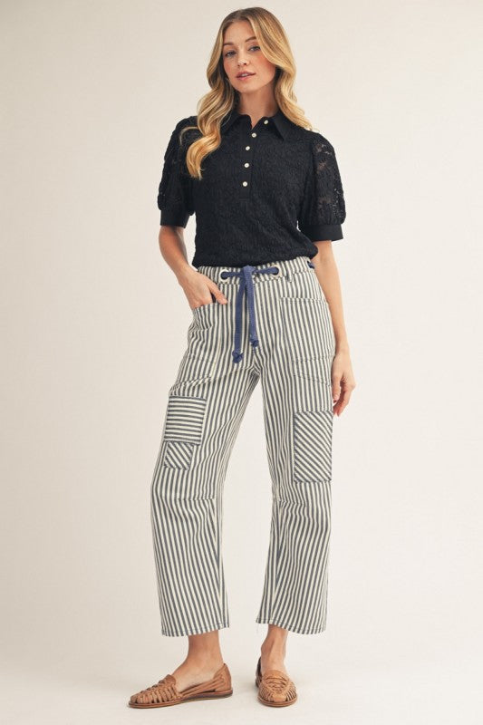 JODIFL Women's Pants Cotton Braid Drawstring Waist Stripe Barrel Pants
