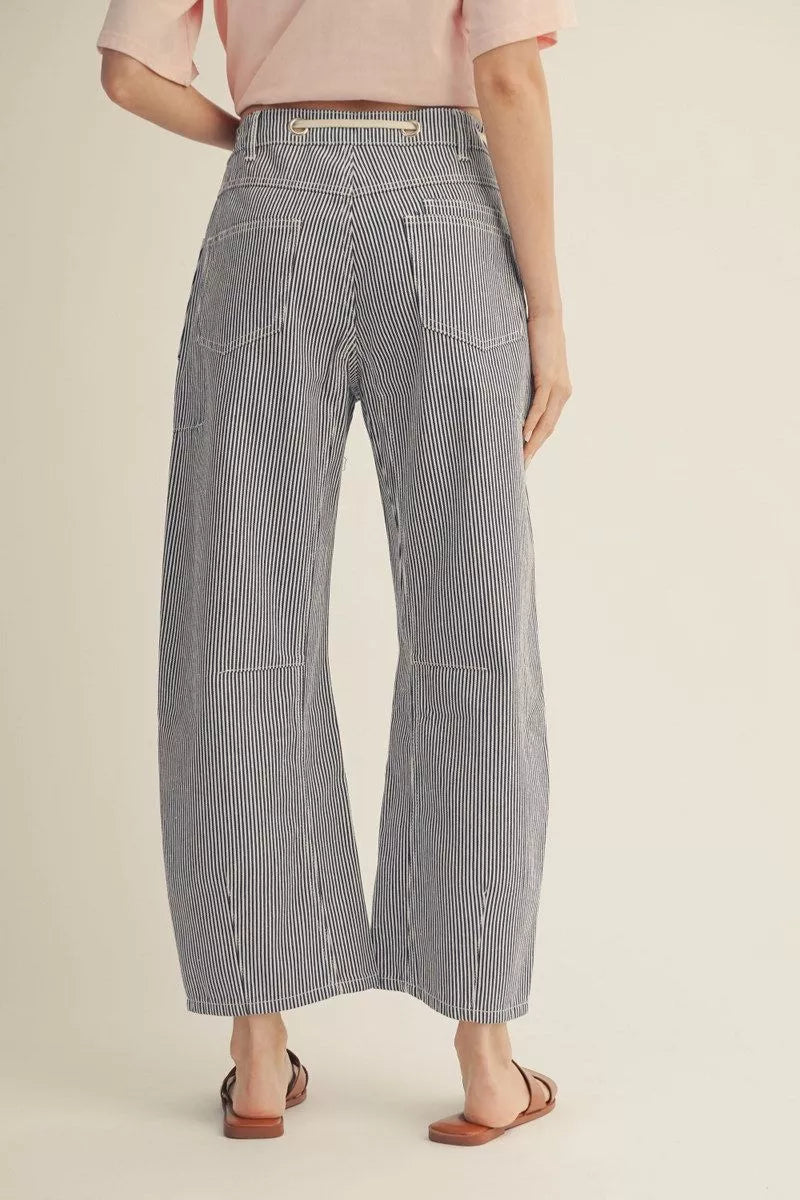 JODIFL Women's Pants Drawstring Waist Stripe Barrel Pants