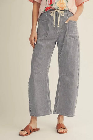 JODIFL Women's Pants Drawstring Waist Stripe Barrel Pants