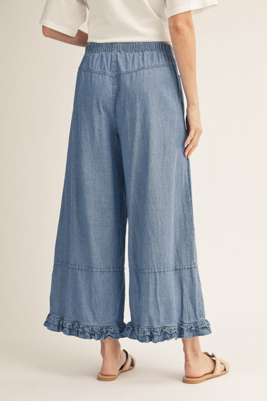 JODIFL Women's Pants Ruffle Hem Detail Washed Denim Pants