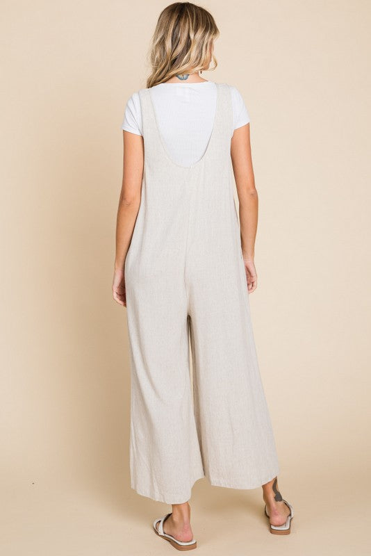 JODIFL Women's Pants OATMEAL / S Solid Linen Sleeveless Jumpsuit || David's Clothing G11593