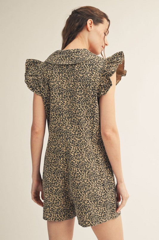 JODIFL Women's Romper Ruffled Cap Sleeves Button Down Leopard Romper