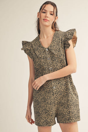 JODIFL Women's Romper Ruffled Cap Sleeves Button Down Leopard Romper