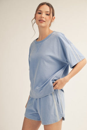 JODIFL Women's Set Lace Accent Washed Top & Shorts Sets